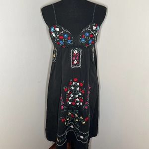 Voom by Joy Han Black Floral Embroidered Boho Dress XS Y2k Paris Hilton Vibes